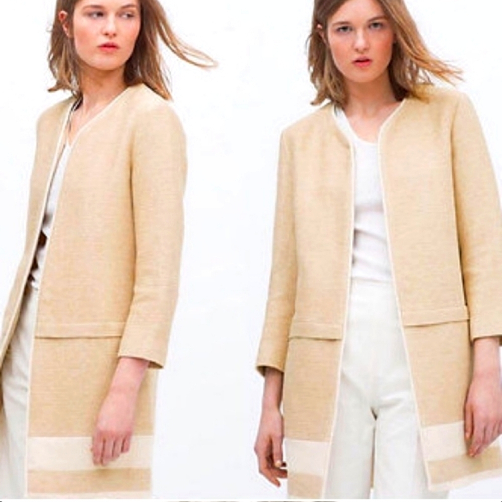 Zara Linen Blend Open Jacket Textured Color Block Coat Topper S